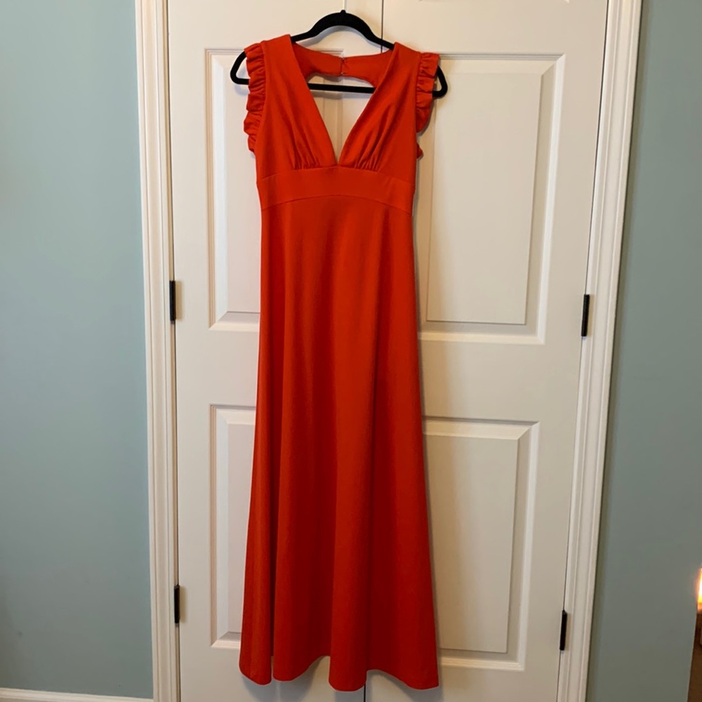 Vintage Rhinestone Cutout Back Red-Orange Maxi Dress